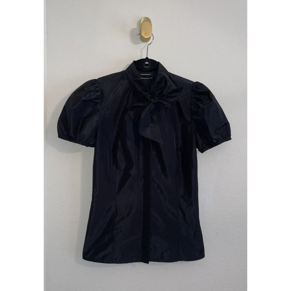 Club Monaco Button Front Shirt Top Bow Tie Short Sleeve Womens XS XSmall Black